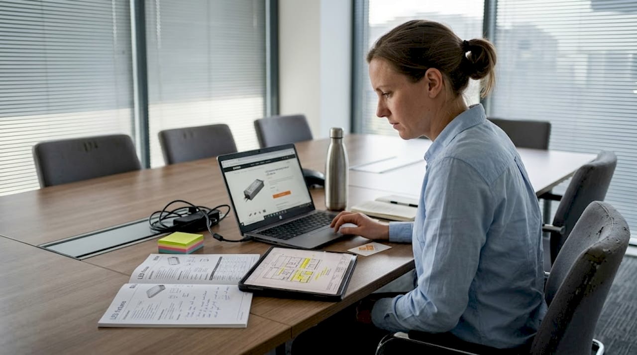 Engineer reviews LED datasheet for installation