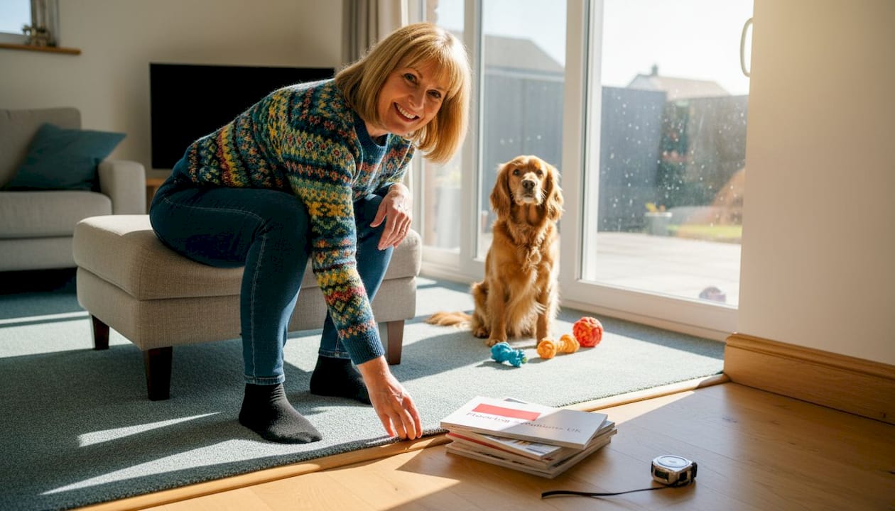 Homeowner inspecting new carpet edge