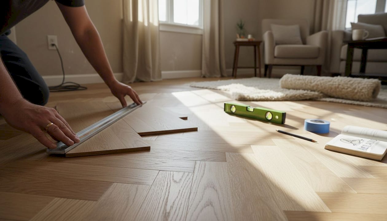 Hands checking subfloor for uneven spots