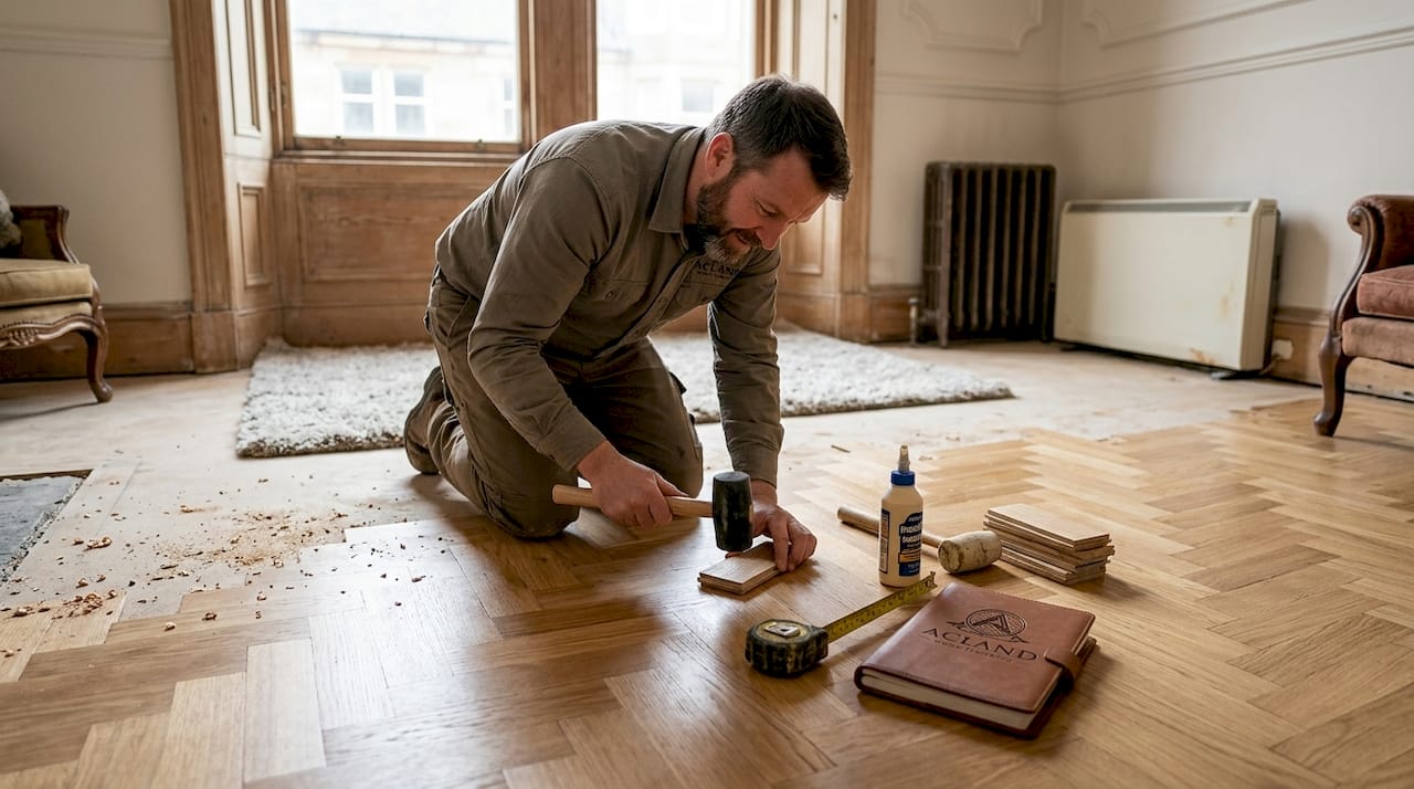 Expert installing herringbone parquet floor blocks