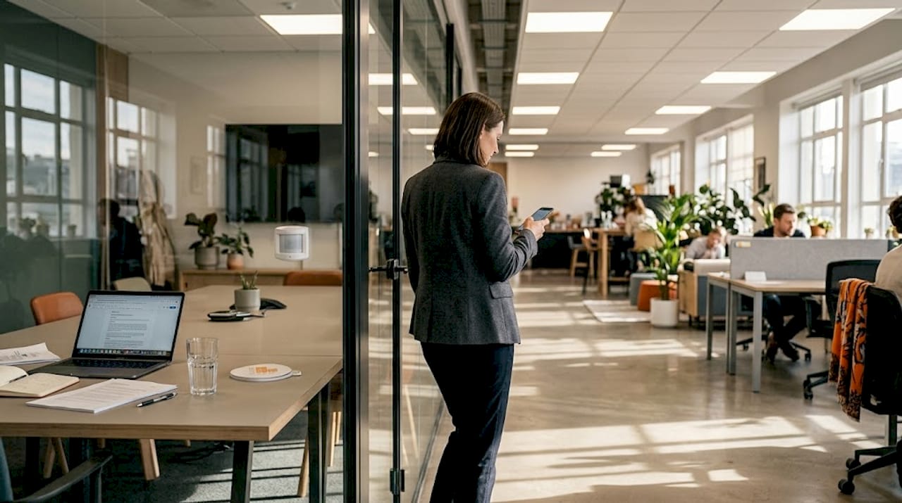 Professional walking past occupancy sensor lighting