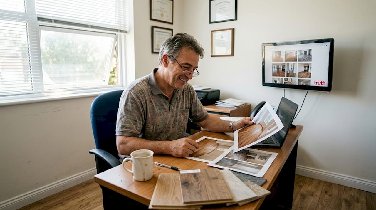 Owner reviews genuine flooring project photos