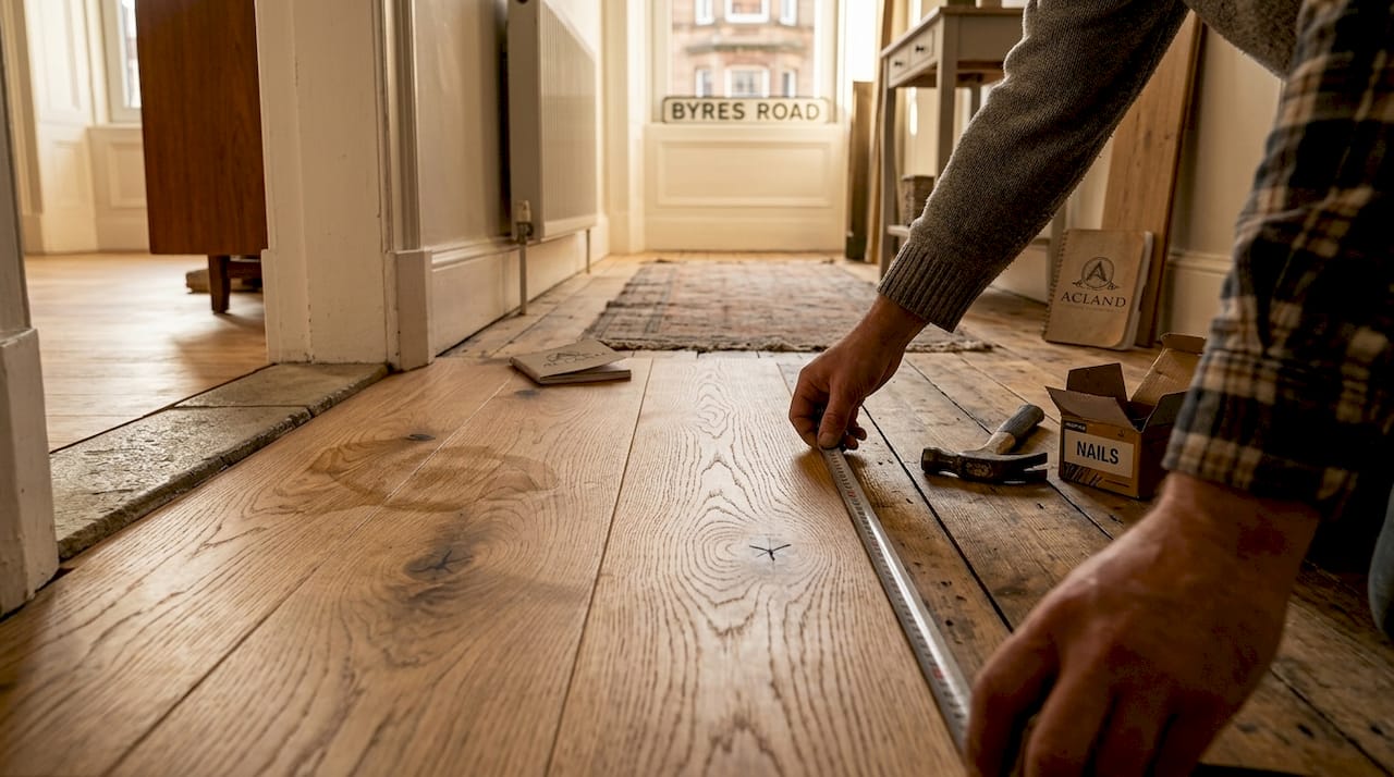 Hands measuring wide plank oak flooring