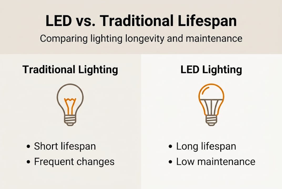 Infographic comparing LED and traditional lighting lifespan