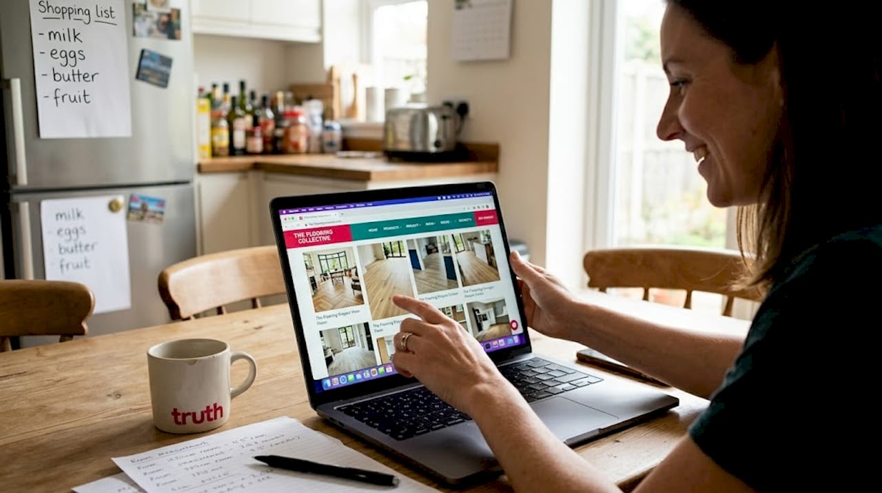 Customer views flooring photo gallery on laptop