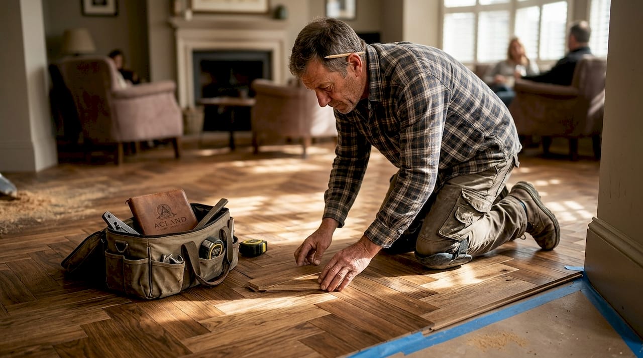 Installer laying engineered herringbone hardwood floor