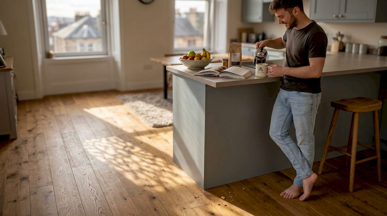 Man making coffee on wide plank wood floor