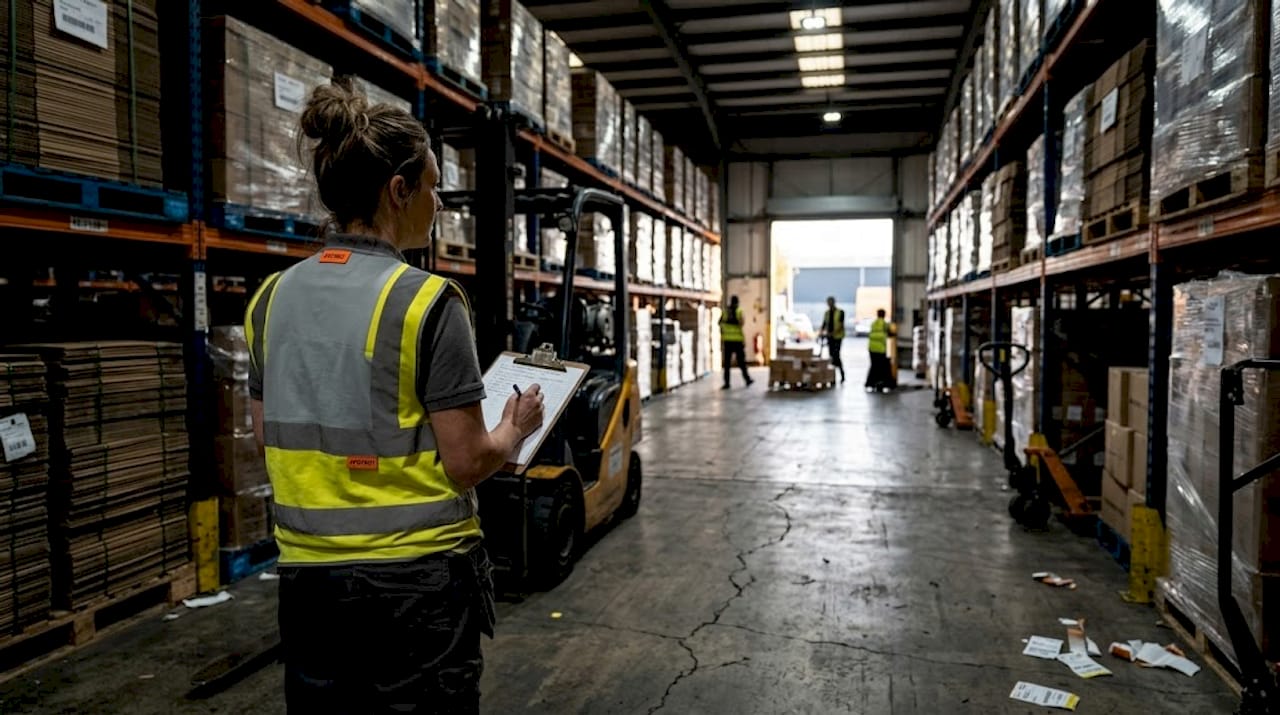 Supervisor assesses lighting hazard in warehouse