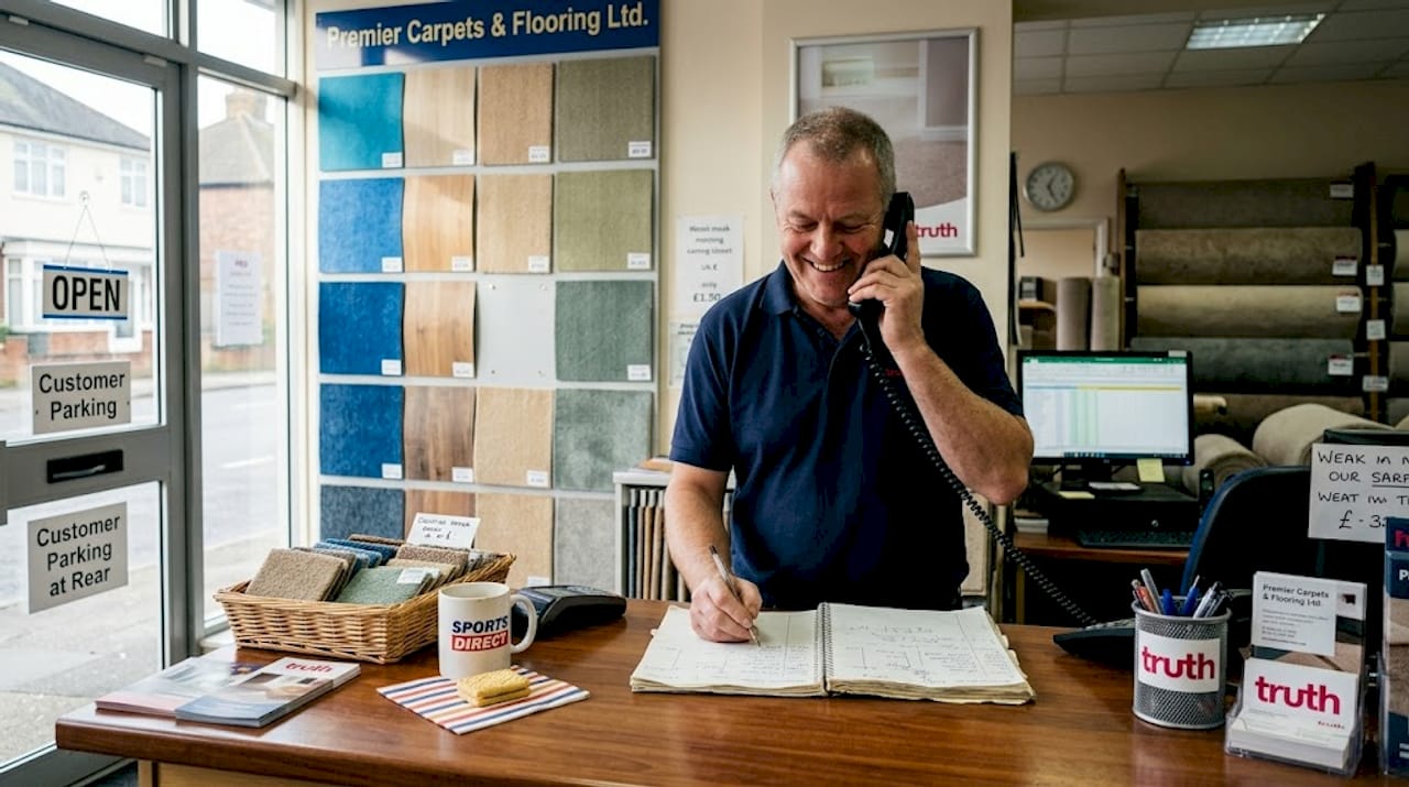 Shopkeeper assists flooring enquiry with samples