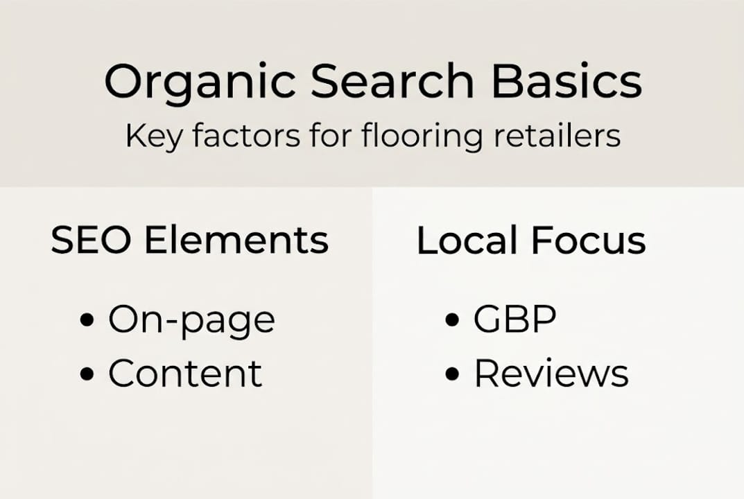 Infographic of organic search strategy basics for flooring
