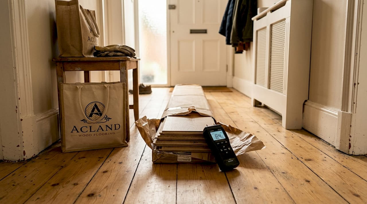 Acclimatising planks with moisture meter hallway setup