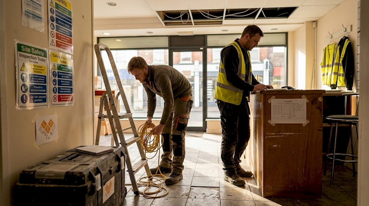Electricians preparing commercial LED site safely