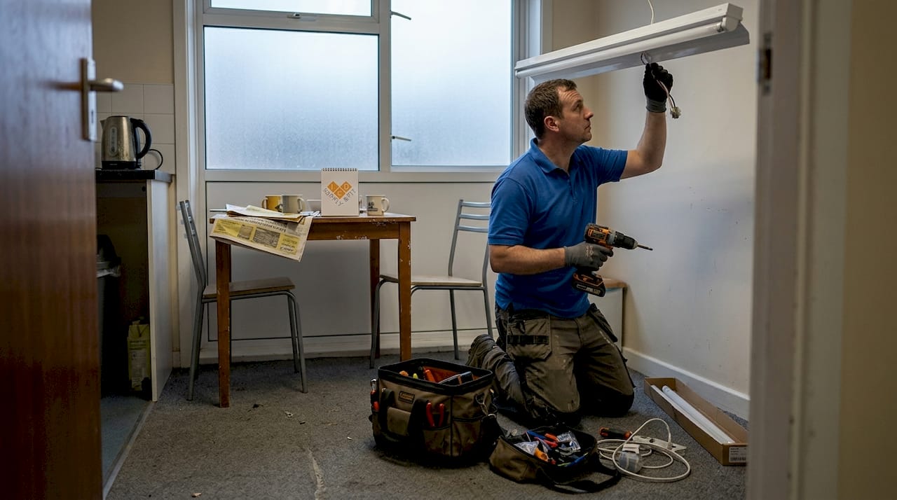 Electrician installing LED fixture in staff room