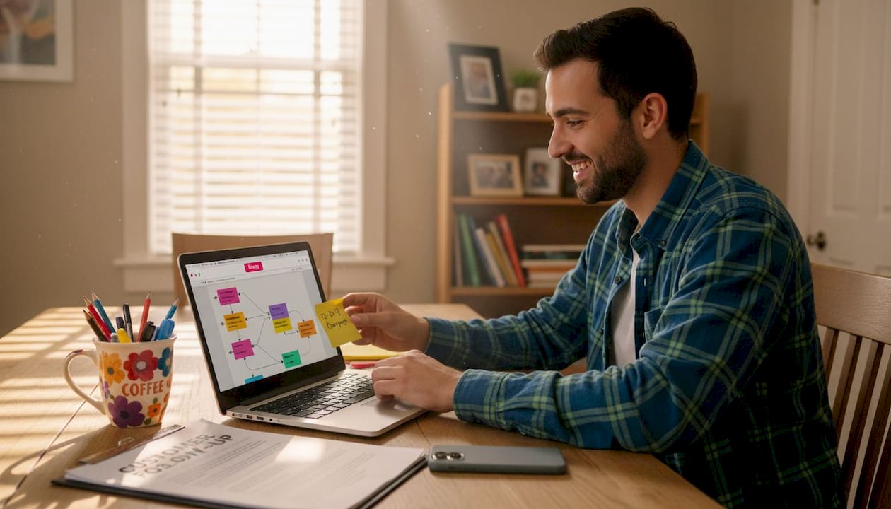 Marketing assistant automating emails at home desk