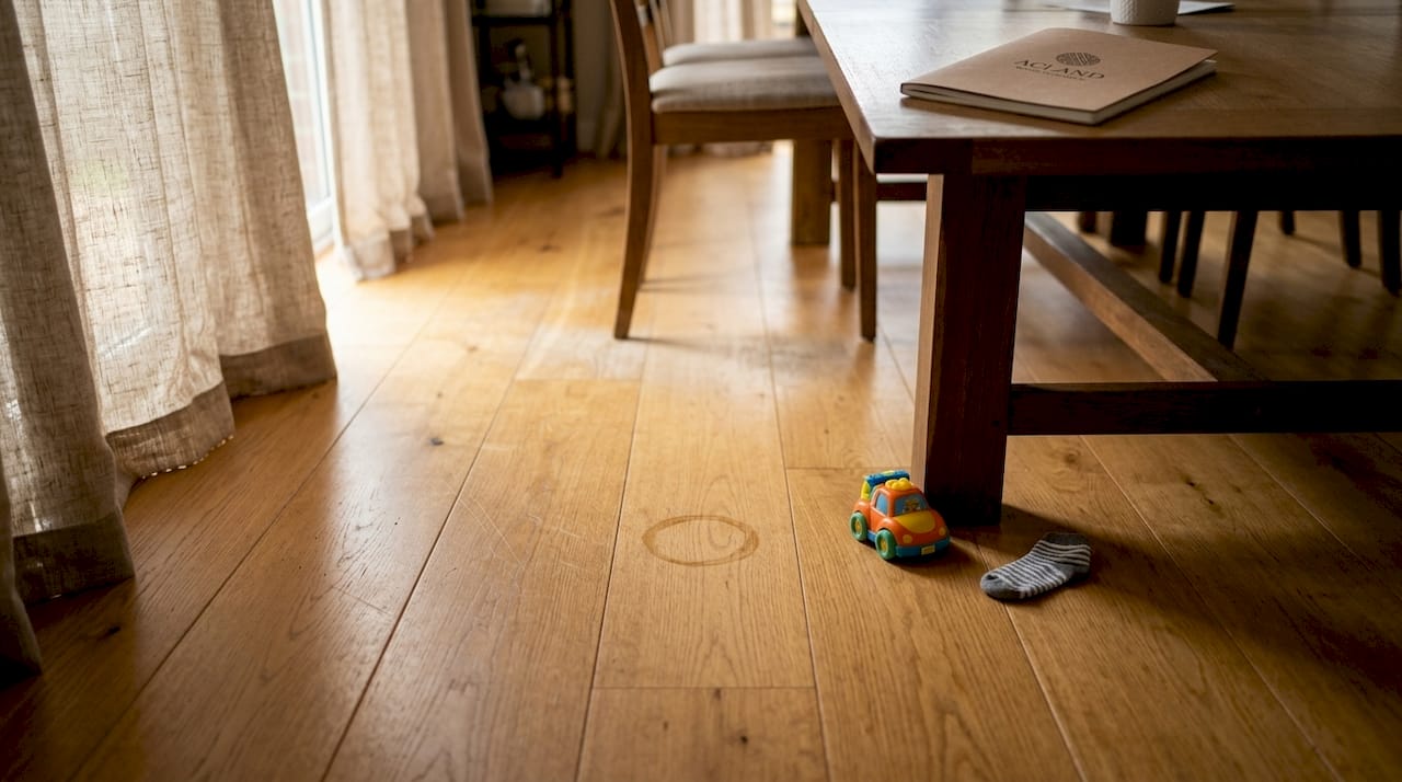Closeup of aging oak wood floor