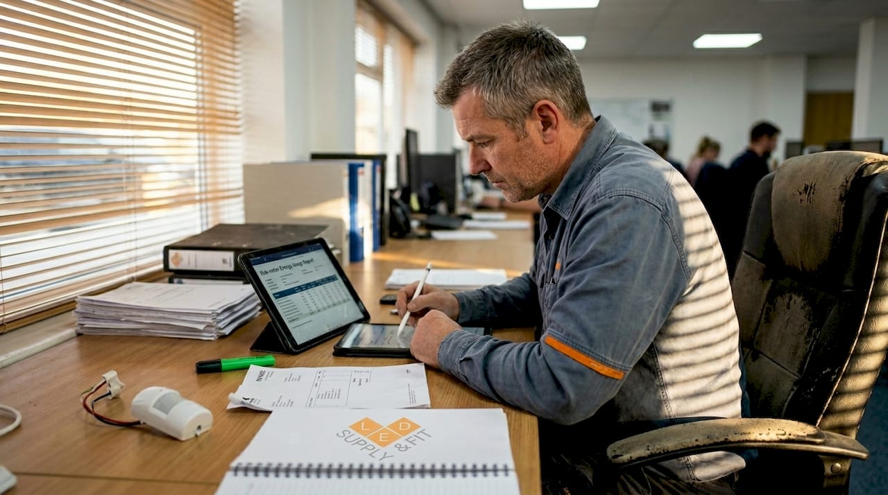 Supervisor reviews lighting energy usage data