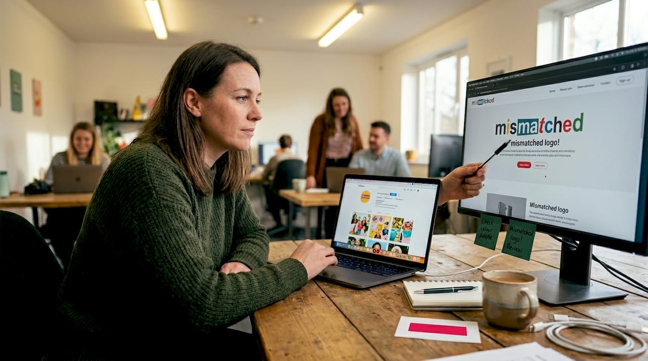 Team member comparing brand visuals on screens