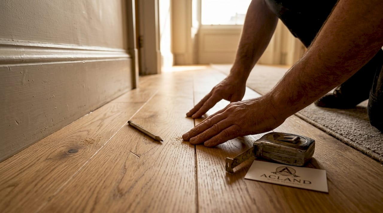 Hands adjusting tight wood floor joint