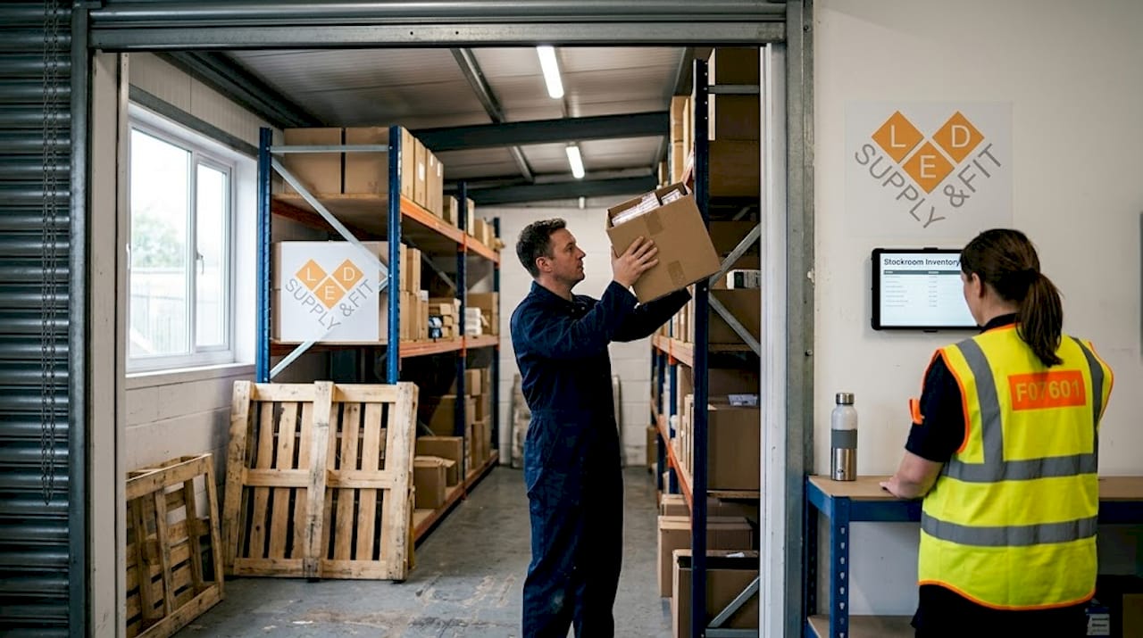 Warehouse workers stacking goods under LED lights