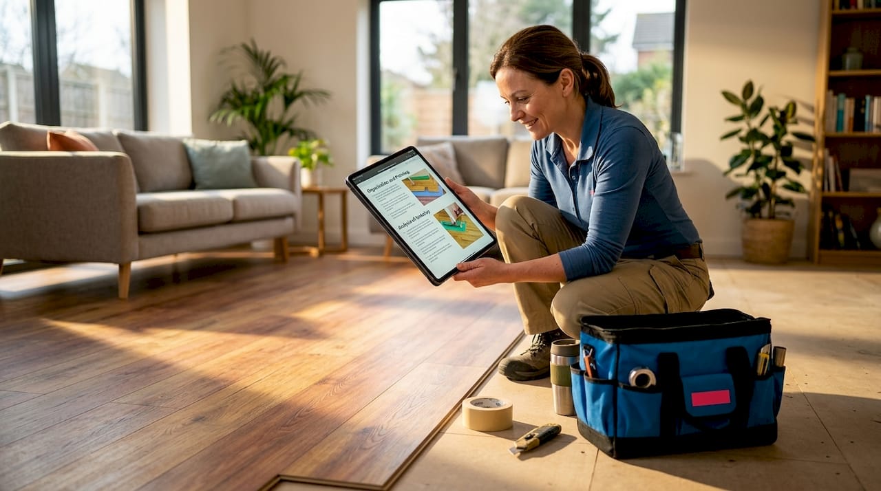 Installer referencing guide during floor installation