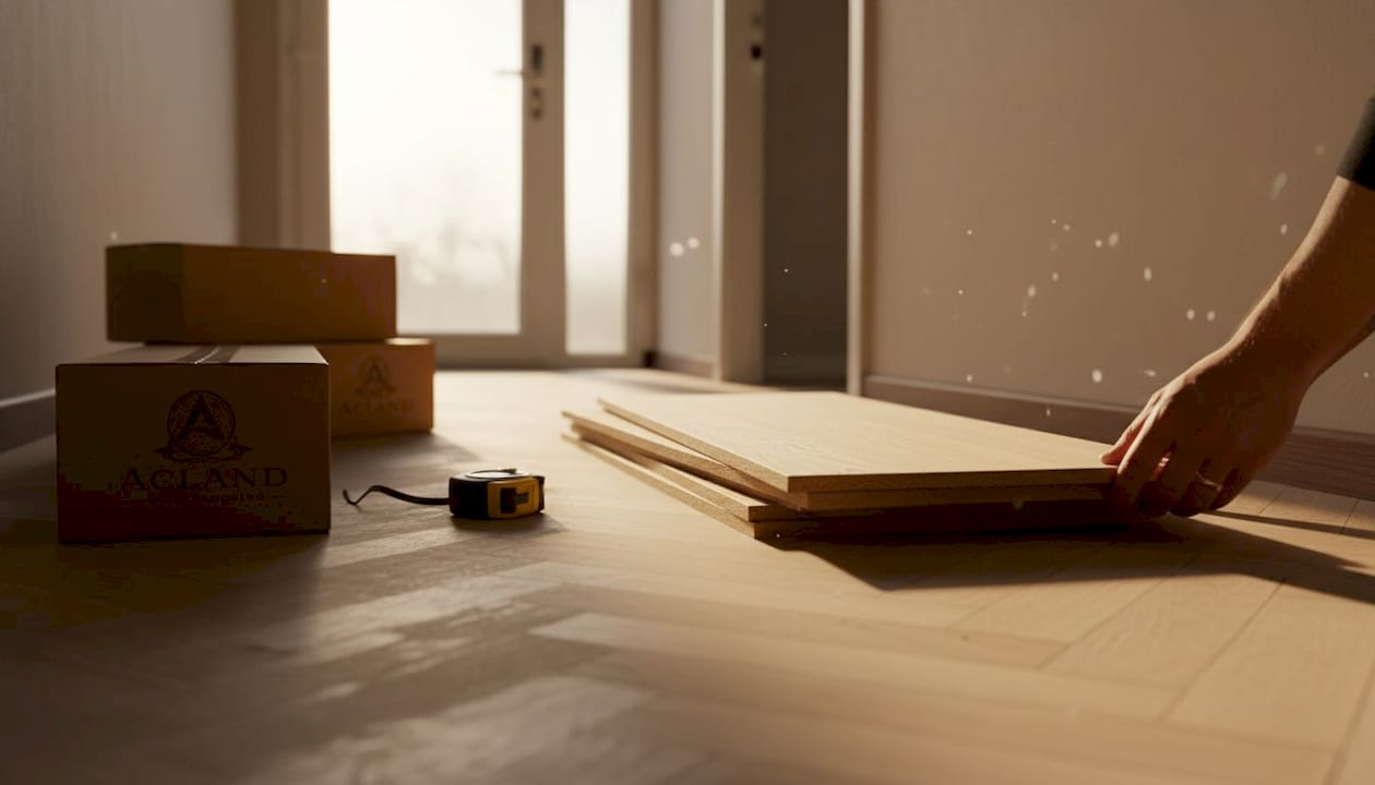 Hands acclimating wood planks for flooring