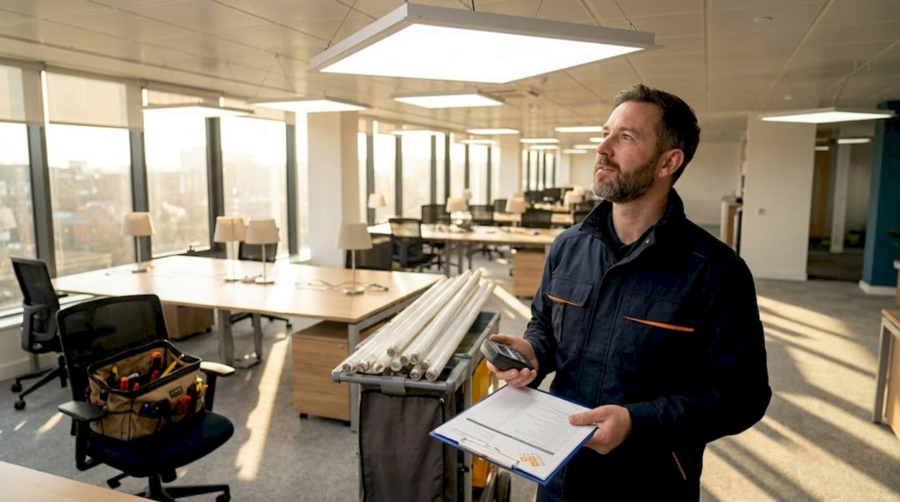 Technician inspecting LED office lighting upgrade
