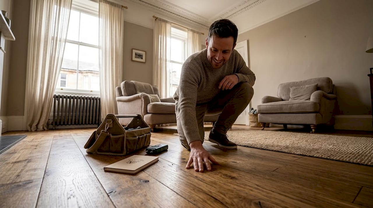 Scottish homeowner checks solid oak flooring