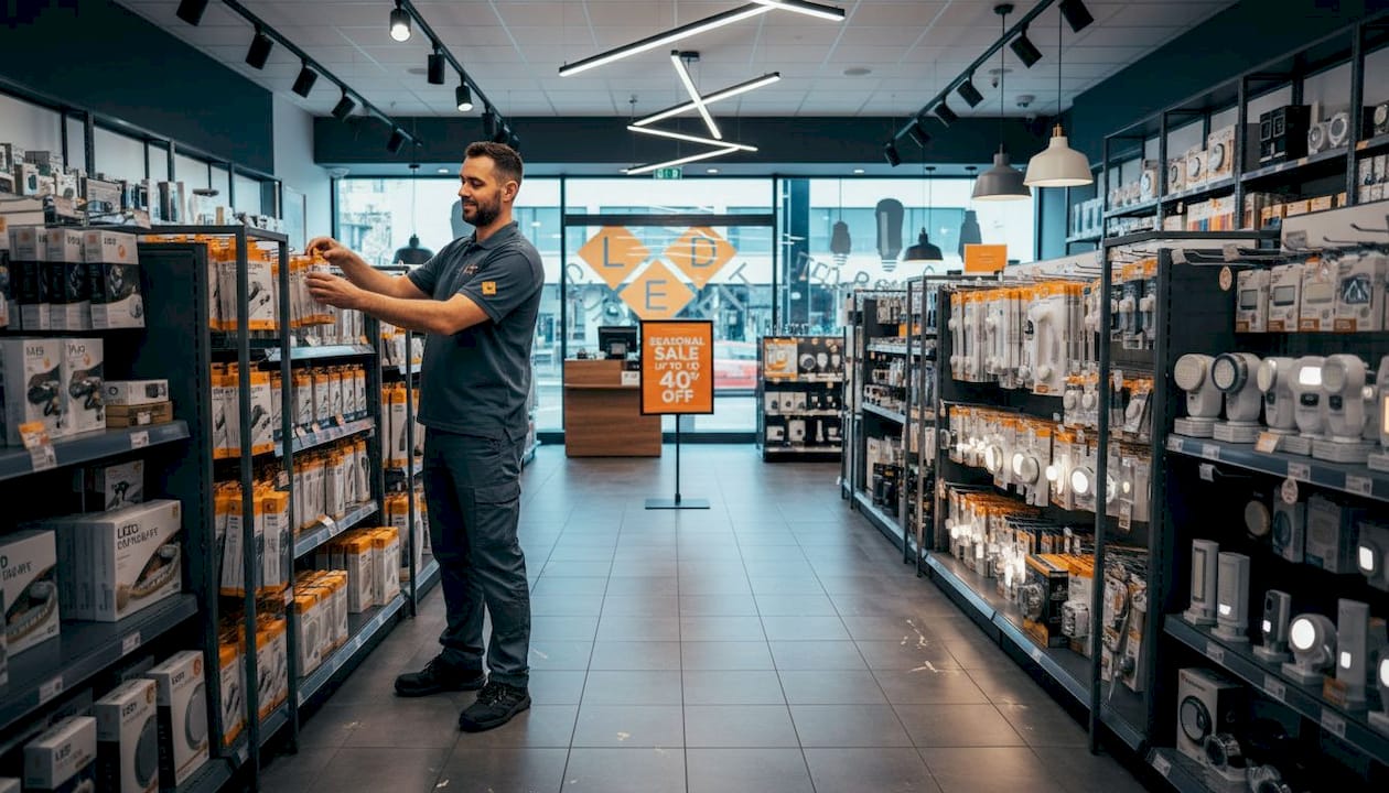 Retail supervisor in mixed lighting aisle