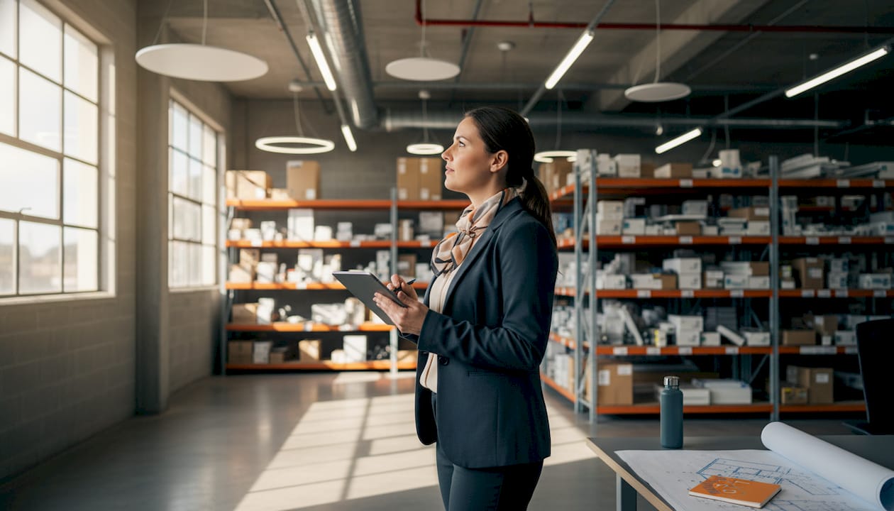 Auditor recording warehouse lighting details