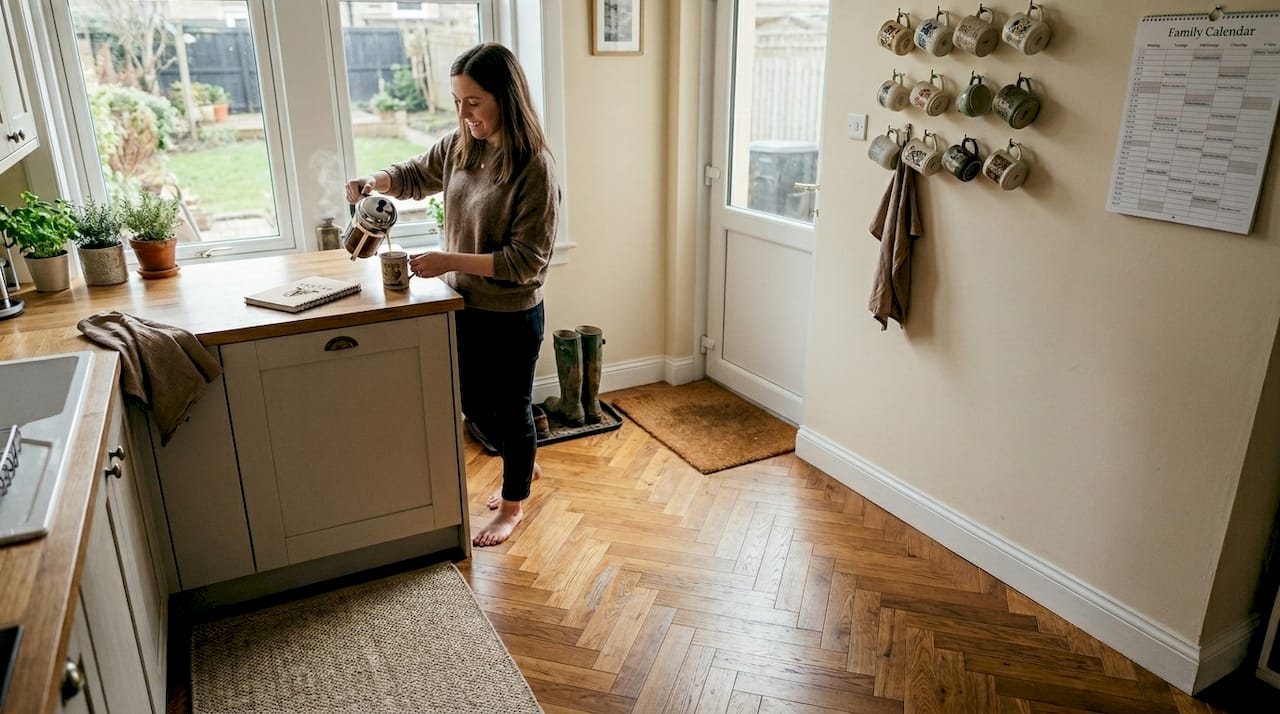 Woman walking barefoot on wood kitchen floor