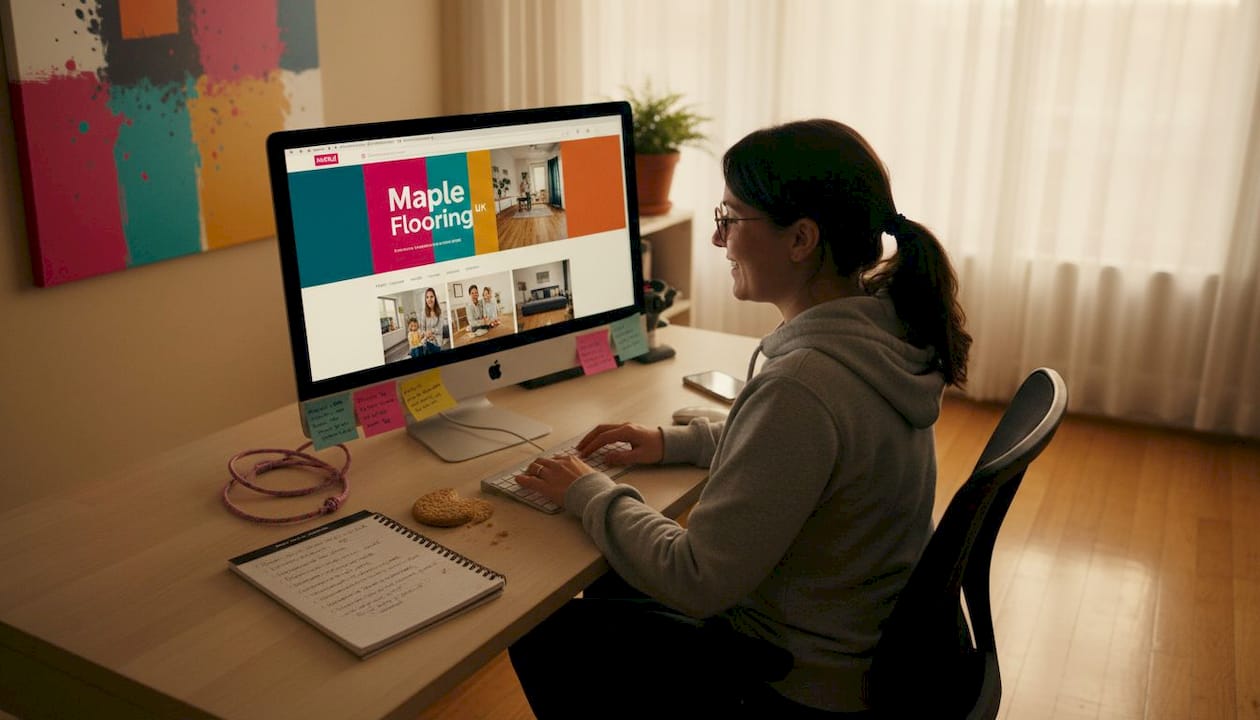 Designer optimizing flooring website on computer