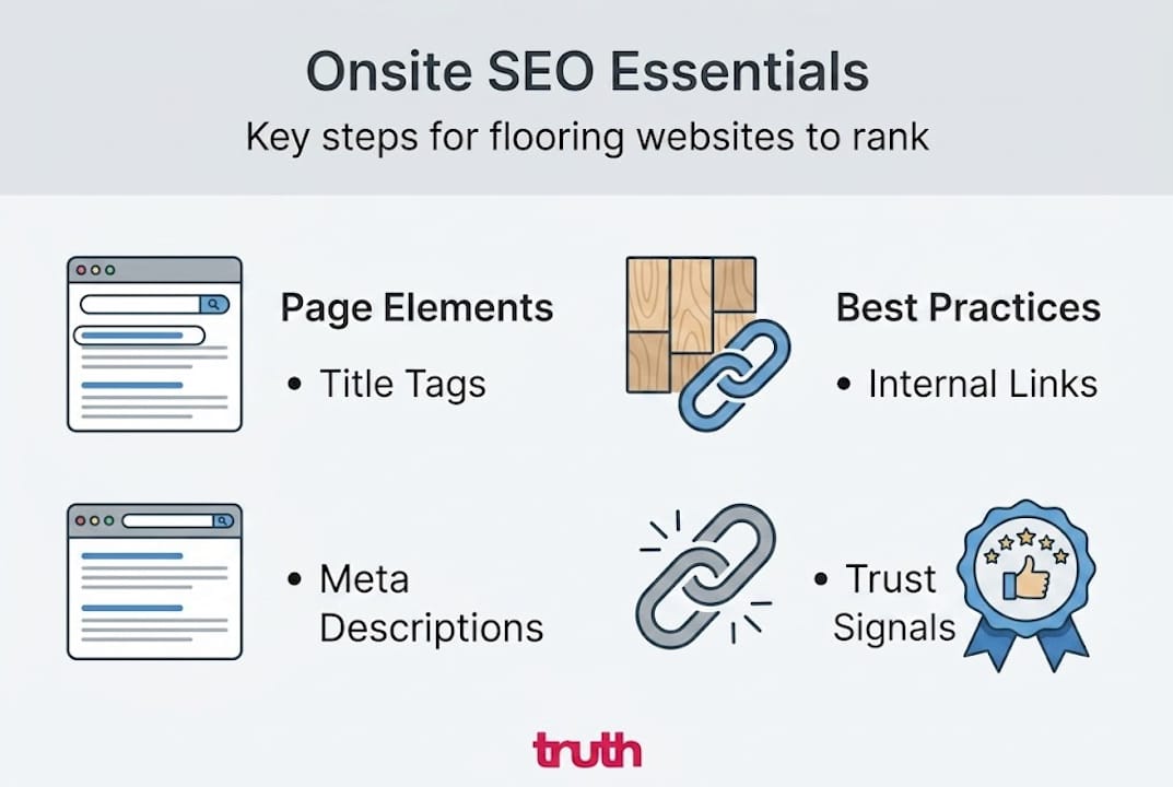 Infographic summarizing onsite SEO for flooring websites