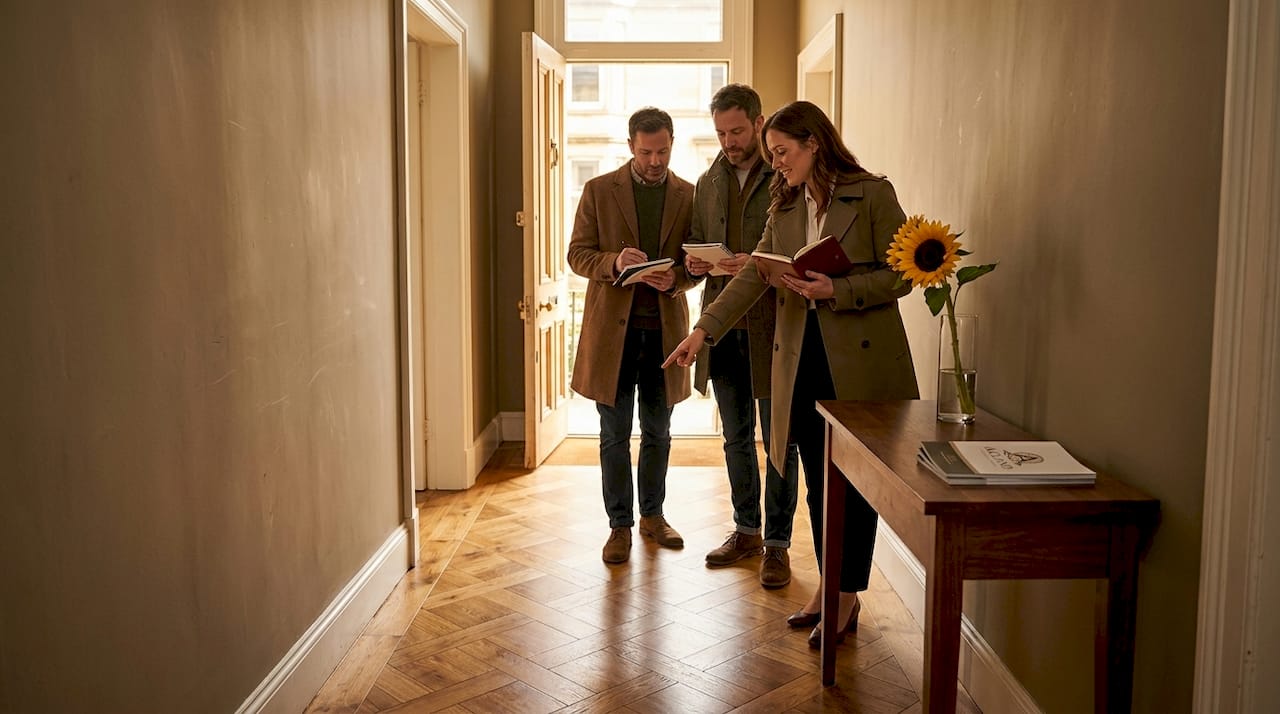 Estate agent highlighting solid wood floor in hallway