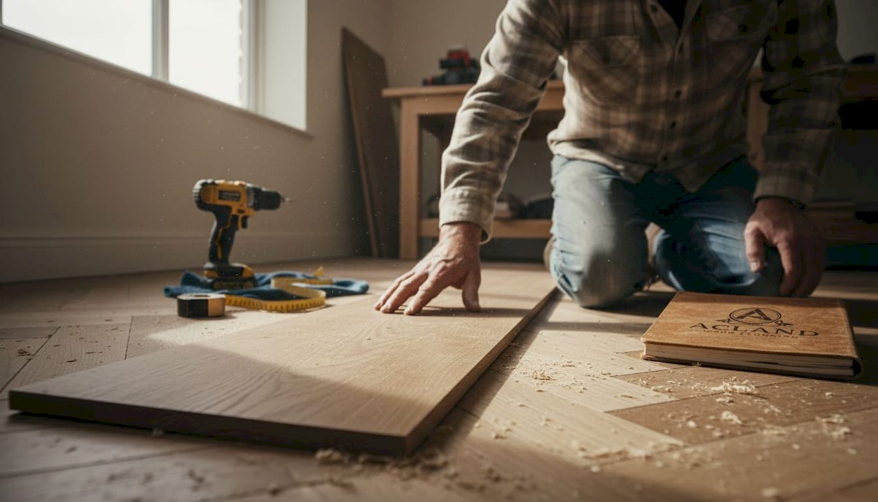 Craftsman inspecting natural solid oak floor