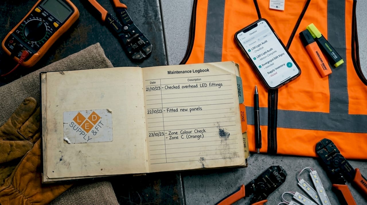 Maintenance logbook and digital checklist on staff table