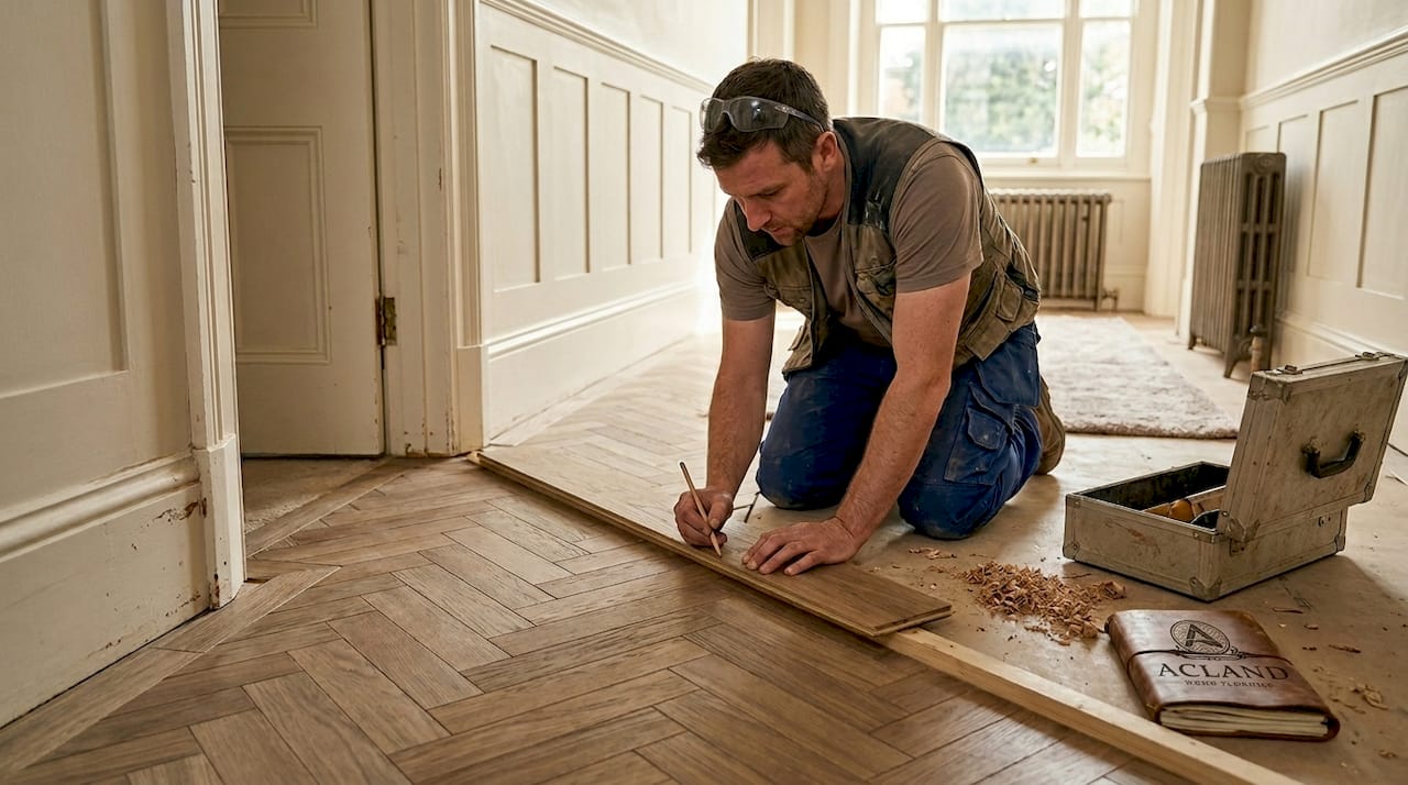 Installer marking herringbone flooring cut