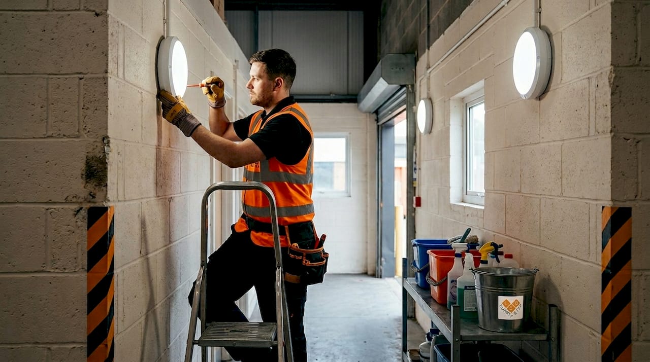 Worker maintaining warehouse bulkhead light fixture