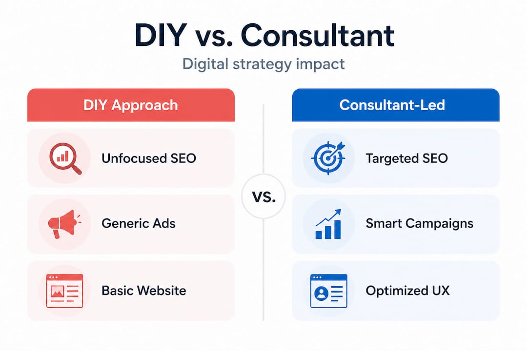 Infographic comparing DIY and consultant digital strategies