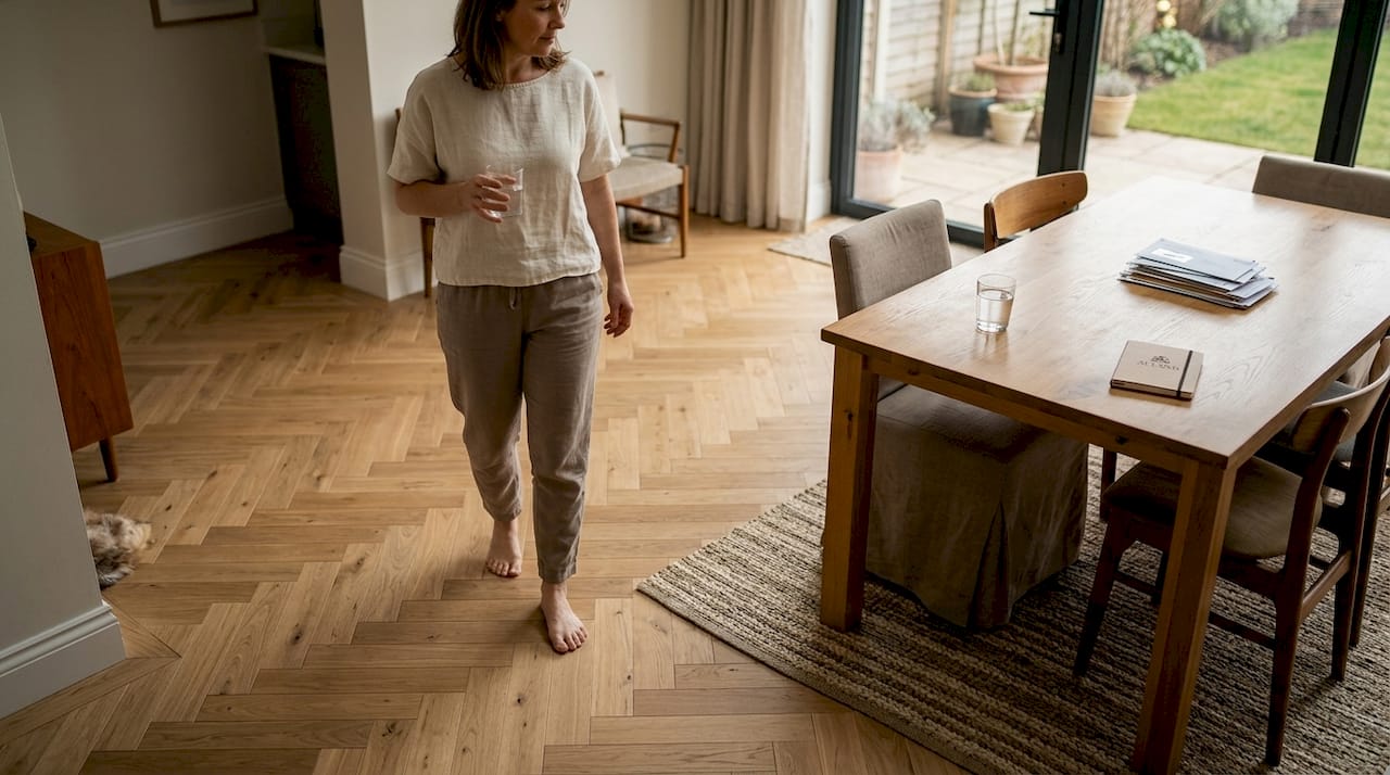 Herringbone wood floor in contemporary dining room