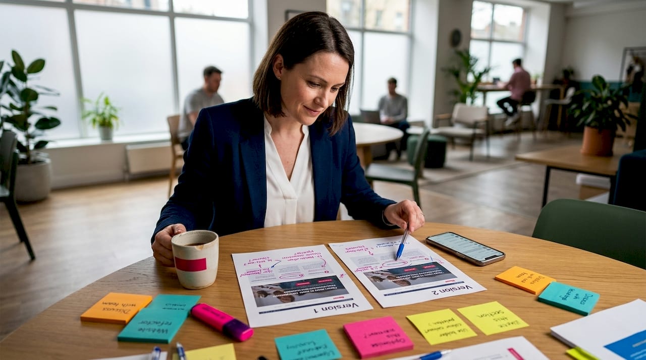 Businesswoman compares homepage versions