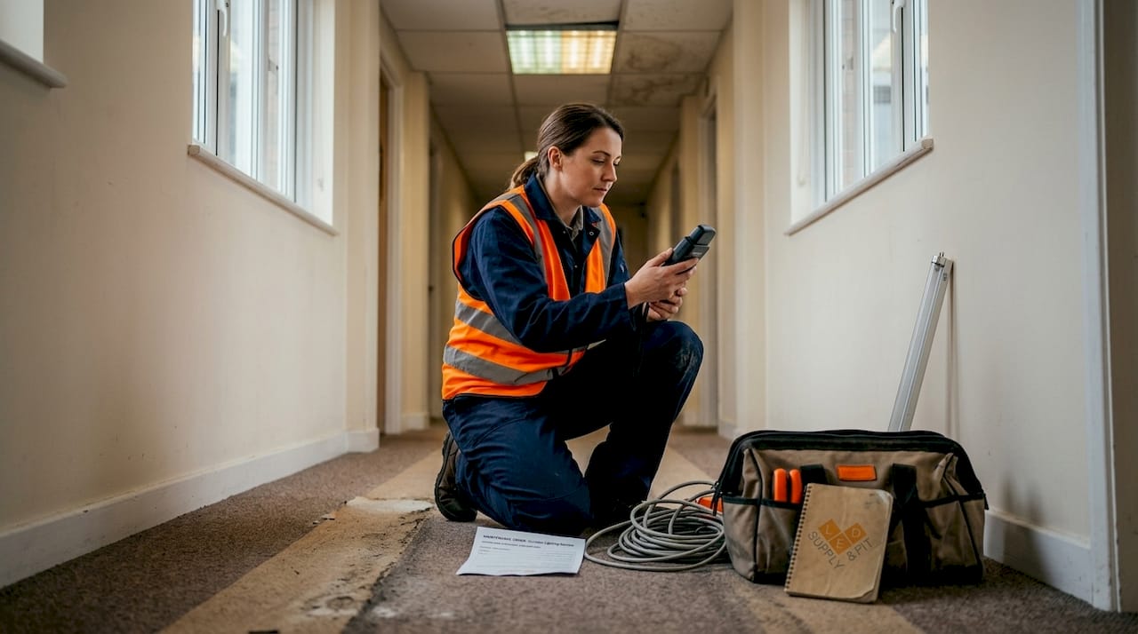 Technician checks corridor lighting brightness
