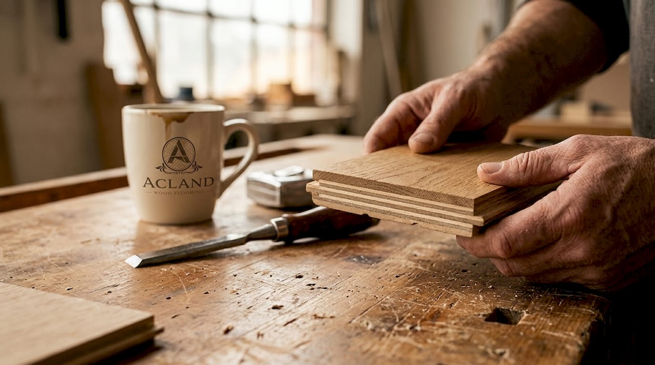 Hands holding layered engineered wood flooring piece