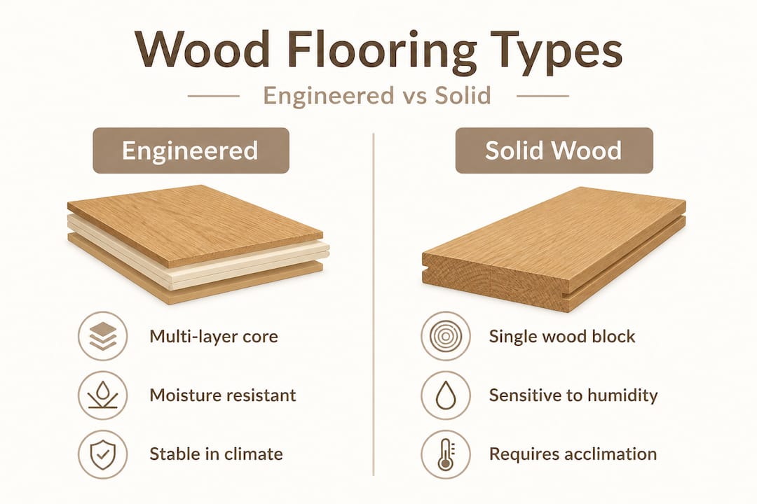 Engineered versus solid wood flooring infographic