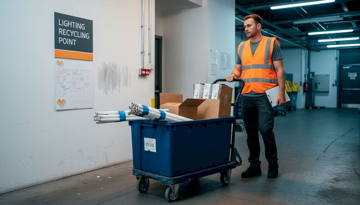 Worker recycling used LED and fluorescent lamps