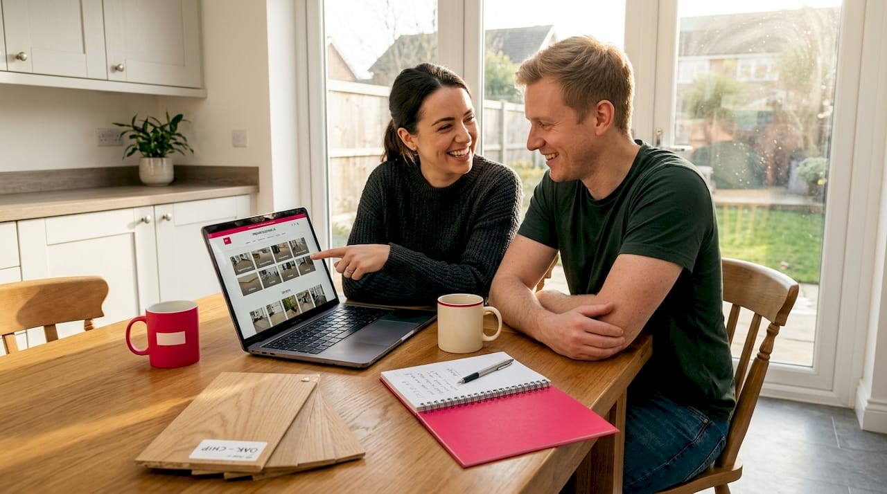 Couple researches flooring site for options