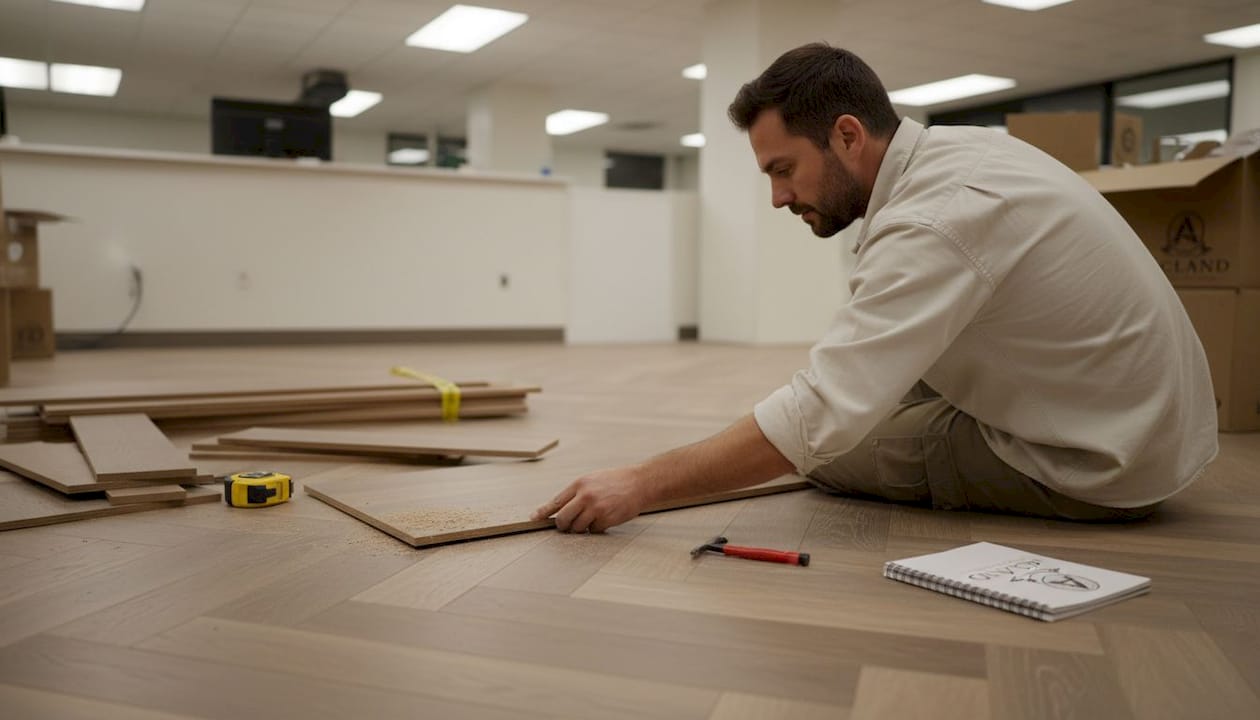 Installer fitting engineered wood flooring in office lobby