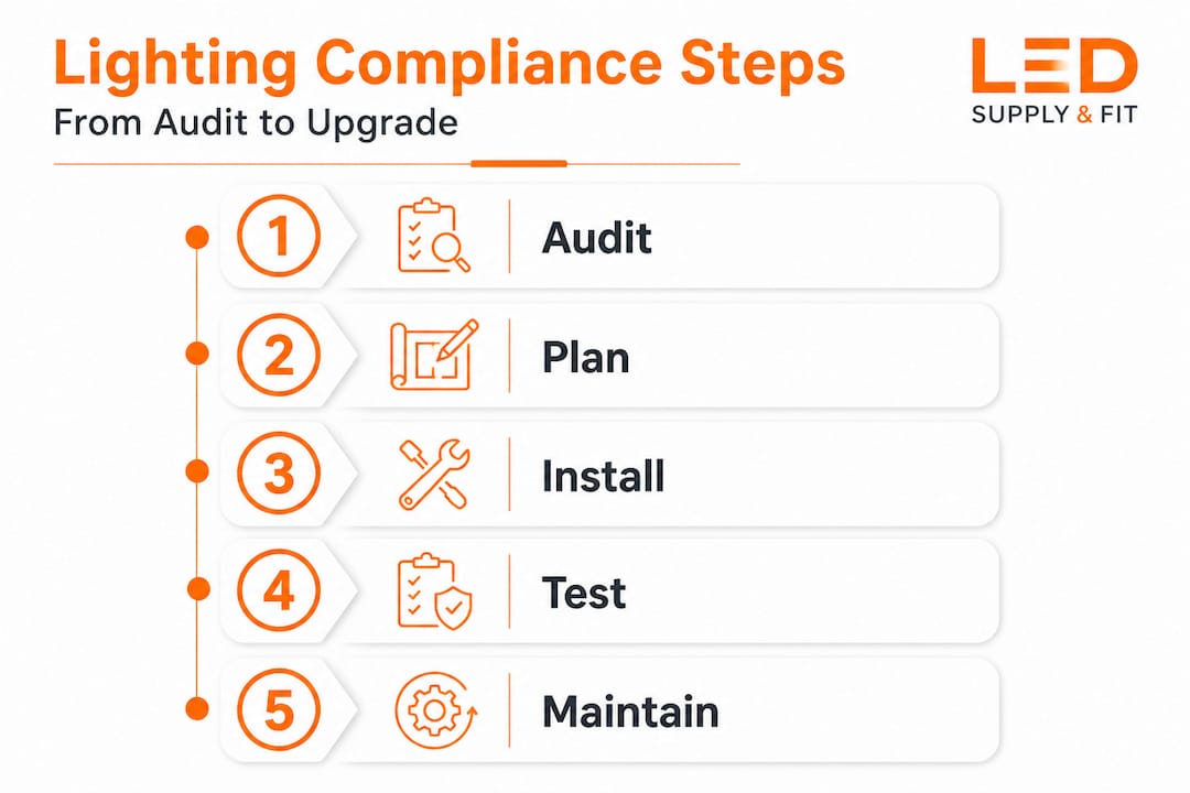 Infographic showing five steps of lighting compliance