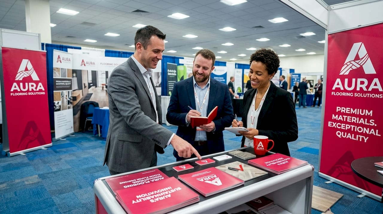 Professionals discuss brand materials at conference