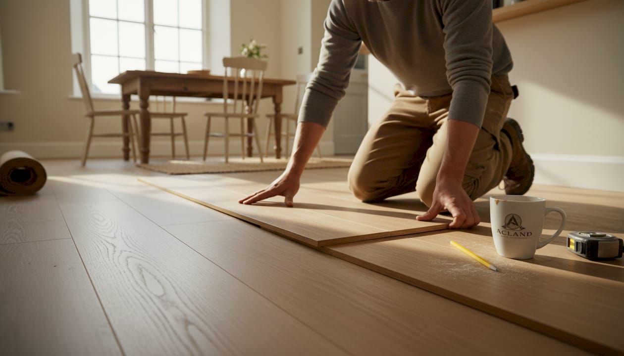 Joiner laying engineered oak flooring in kitchen