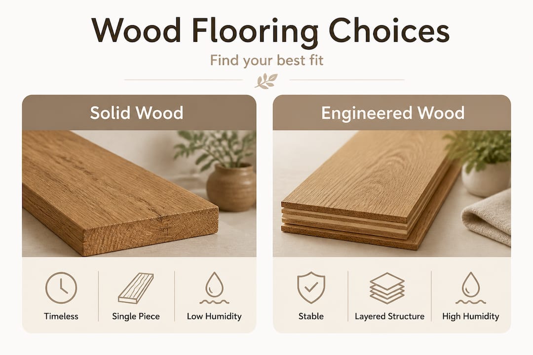 Infographic comparing solid vs engineered wood flooring